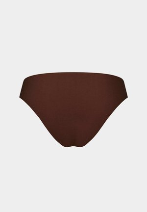 Brauner Bikiniunterteil aus glattem, dehnbarem Material. Niedrig sitzende Form, abgerundete Silhouette und minimale Abdeckung. Keine sichtbaren Muster oder Beschläge.