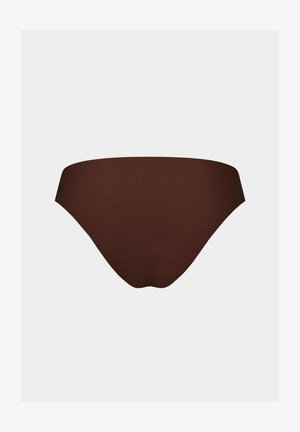 Brauner Bikiniunterteil aus glattem, dehnbarem Material. Niedrig sitzende Form, abgerundete Silhouette und minimale Abdeckung. Keine sichtbaren Muster oder Beschläge.