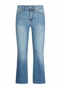 Hellblaue Jeans mit ausgestellter Form, die abgewitterte Bereiche und ein klassisches Five-Pocket-Design aufweisen. Weicher Stoff und mittelhoher Bund.