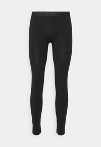 Black legging bottoms made of smooth fabric, featuring an elastic waistband with the word "BOSS" lightly embossed. Form-fitting design, no patterns.