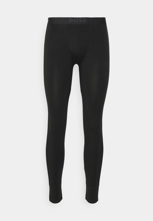 Schwarze Leggings aus glattem Stoff mit einem elastischen Bund, auf dem das Wort "BOSS" leicht eingeprägt ist. Figurbetontes Design, ohne Muster.