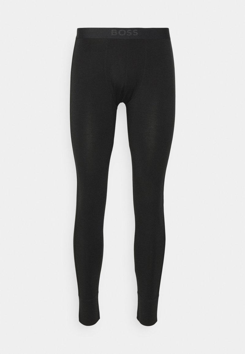 Black legging bottoms made of smooth fabric, featuring an elastic waistband with the word "BOSS" lightly embossed. Form-fitting design, no patterns.