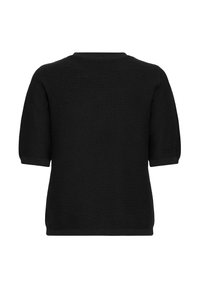 Czarny dziany sweter z krótkim rękawem, z prążkowanym okrągłym dekoltem, mankietami i paskiem, pokazany od tyłu na białym tle.