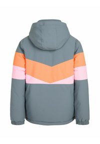 Veste d'hiver grise avec une capuche, arborant des rayures en chevron orange, rose et gris. Tissu texturé et poignets élastiques.