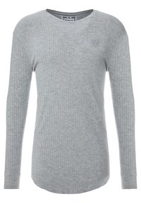 Graues geripptes Langarmshirt mit Rundhalsausschnitt, mit einem dezenten gestickten Logo auf der Brust und eng anliegenden, umschlagsäuligen Ärmeln.