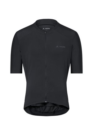 Schwarzes Kurzarm-Radtrikot mit Frontreißverschluss und Vaude-Logo auf der Brust, entwickelt für eine leistungsorientierte Passform und Aerodynamik.