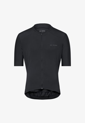 Schwarzes Kurzarm-Radtrikot mit Frontreißverschluss und Vaude-Logo auf der Brust, entwickelt für eine leistungsorientierte Passform und Aerodynamik.