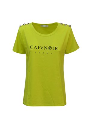 Camicia gialla a maniche corte con collo rotondo, bottoni decorativi sulle spalle e testo nero "CAFèNOIR JEANS" sul davanti.