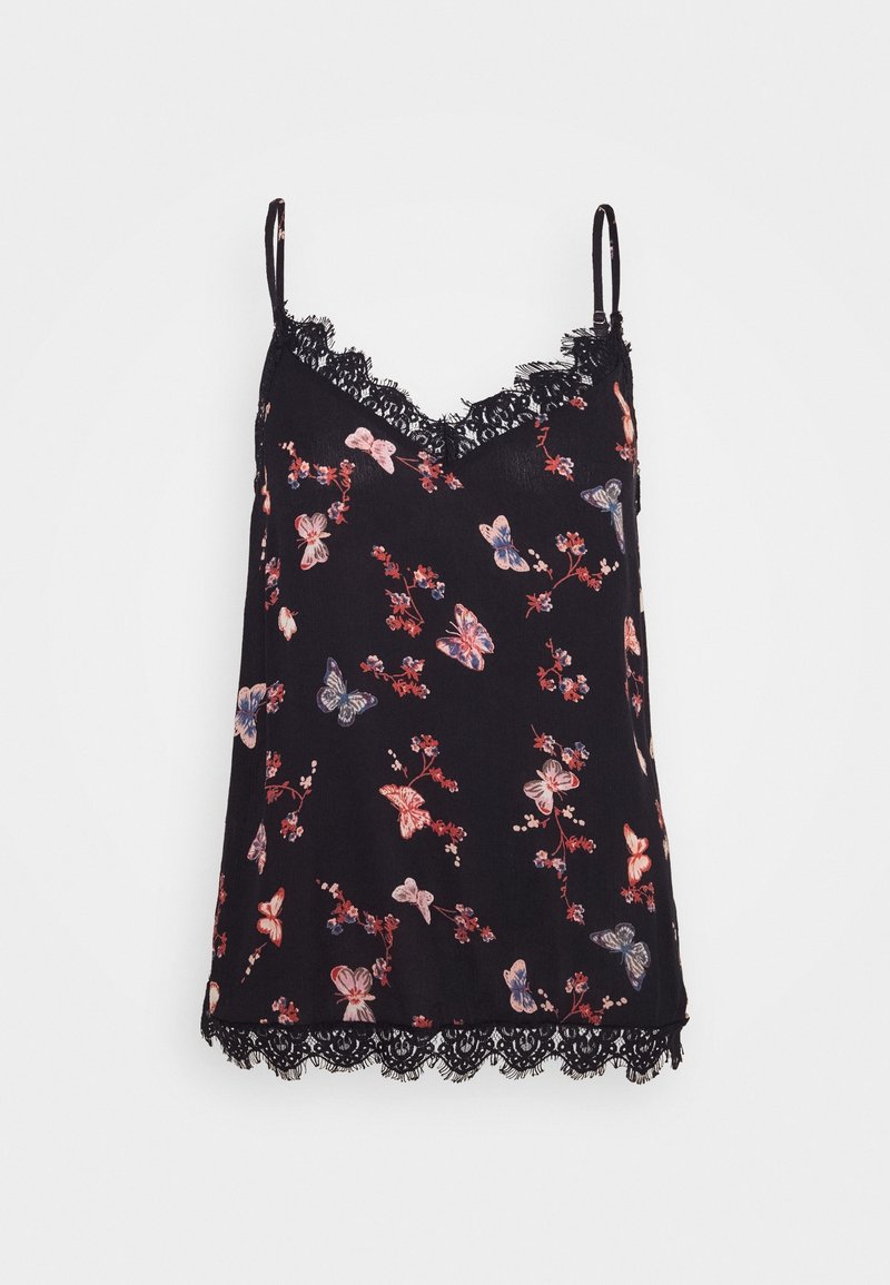 Camisole noire à fines bretelles, avec motifs multicolores de papillons et de fleurs, bordée de dentelle noire au niveau de l'encolure et à l'ourlet.