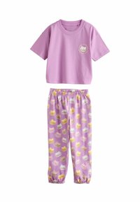 Set di pigiami in cotone viola composto da una maglia a maniche corte con scollo rotondo e pantaloni con elastico in vita decorati con un motivo colorato di macarons.