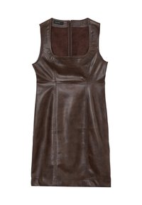 Braunes Lederkleid ohne Ärmel mit quadratischem Ausschnitt, subtiler Textur und Reißverschluss hinten. Verfügt über Nahtdetails für eine figurnahe Silhouette.