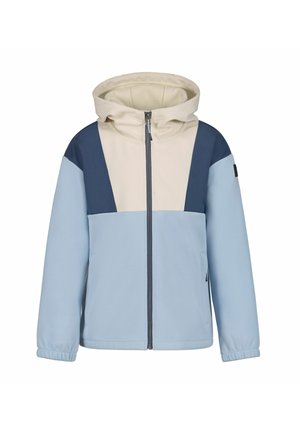 Veste à capuche avec fermeture éclair intégrale, à blocs de couleur beige, bleu marine et bleu clair, dotée de poignets élastiques et de poches latérales.