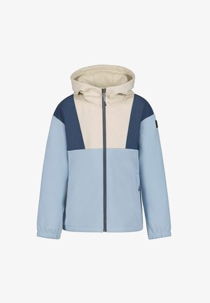 Kurtka z kapturem na pełnym zamku, w blokach kolorów beżowego, granatowego i jasnoniebieskiego, z elastycznymi mankietami i bocznymi kieszeniami.