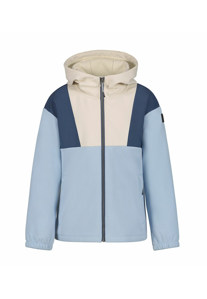 Kapuzensweatjacke mit durchgehendem Reißverschluss, in Beige, Navyblau und Hellblau farblich abgesetzt, mit elastischen Bündchen und Seitentaschen.