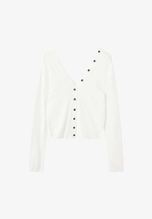 Cardigan blanc court à manches longues avec deux rangées asymétriques de petits boutons noirs et un col en V profond.