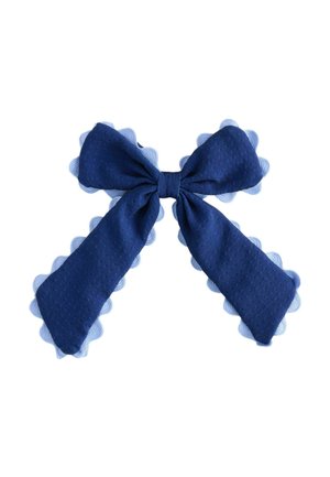 Navy blue fabric bow with light blue scalloped lace trim on the edges against a white background.