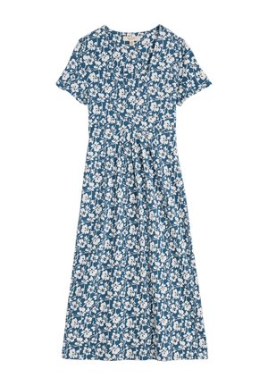 Sinine midi kleit lühikeste varrukatega, valge lillemustriga ja kogutud vöökohaga detailiga.