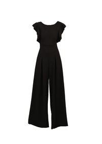 Bodycon tuta nera con corpino aderente, maniche corte a volants, pantaloni a gamba larga e dettagli plissettati sul davanti, realizzata in tessuto elasticizzato.