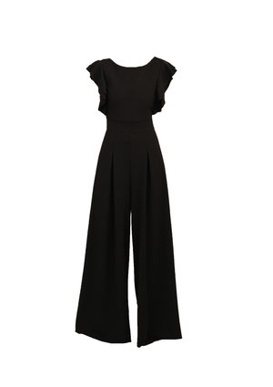 Black jumpsuit with a fitted bodice, short ruffled sleeves, wide-leg trousers, and pleated front details, crafted from stretchy fabric.