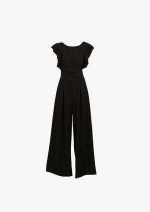 Salopetă neagră cu un corp ajustat, mâneci scurte cu volane, pantaloni largi și detalii pliate în față, confecționată dintr-un material elastic.