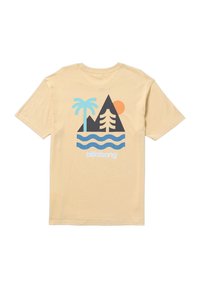 Béžové tričko s grafikou palem, hor a slunce v modré, černé a oranžové barvě. Logo "Billabong" ve spodní části.