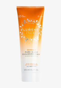 Tubo bianco a compressione con sfumatura arancione, presenta un design geometrico, nome del marchio "Lumene", nome del prodotto "Nordic-C Pure Glow Cleansing Balm", 125 ml.