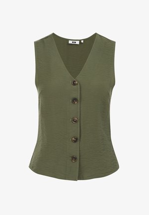 Top sans manches en vert olive avec un col en V et cinq boutons marron sur le devant, fabriqué à partir d'un tissu texturé.