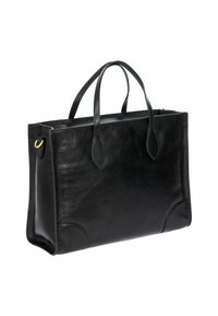 Borsa tote in pelle nera con doppi manici, forma rettangolare strutturata, superficie liscia e dettagli arrotondati alla base.