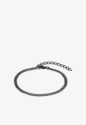 Bracelet en chaîne noire en métal avec des maillons entrelacés et un fermoir ajustable. Comprend une courte chaîne d'extension. Texture lisse et brillante.