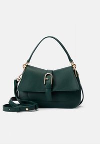 Green leather handbag with a structured shape, a top handle, and a detachable shoulder strap. Features a gold-tone buckle and flap closure.