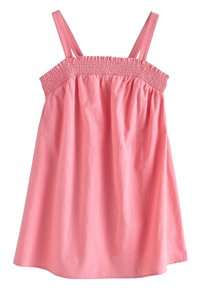 Rosa ärmlös topp med smockad byst, lätt tyg med slät struktur och en avslappnad passform som flödar från midjan.