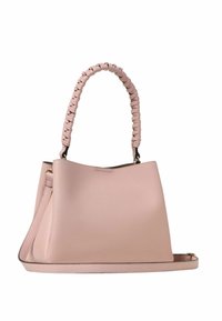 Roze leren handtas met een gestructureerd oppervlak, voorzien van een gevlochten handvat en een afneembare schouderband. Minimalistisch, gestructureerd ontwerp.