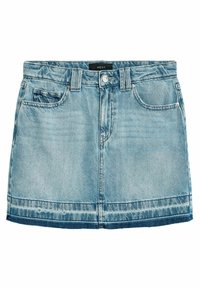 Lichtblauwe denim mini-jurk met een vijf-pocket ontwerp, riemlussen, knoopsluiting en een rafelige zoom. Voorzien van een gladde textuur met een lichte vervaging.