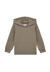 Hætte sweatshirt i en neutral taupe farve, lavet af blødt stof. Har en stor hætte, lange ærmer og ribbede manchetter og kant.