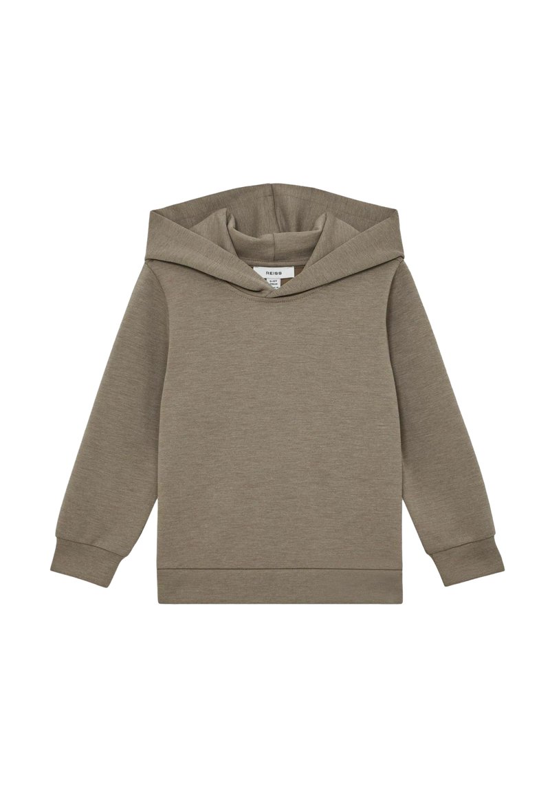 Hætte sweatshirt i en neutral taupe farve, lavet af blødt stof. Har en stor hætte, lange ærmer og ribbede manchetter og kant.