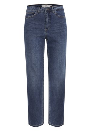 Donkerblauwe denim jeans met een recht model, vijf zakken en klassieke stiksels. Voorzien van een knoopsluiting en riemlussen.
