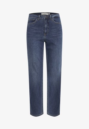 Jeans dżinsowe w ciemnoniebieskim kolorze z prostym krojem nogawki, pięcioma kieszeniami i klasycznym wykończeniem. Posiadają zapięcie na guzik i szlufki na pasek.