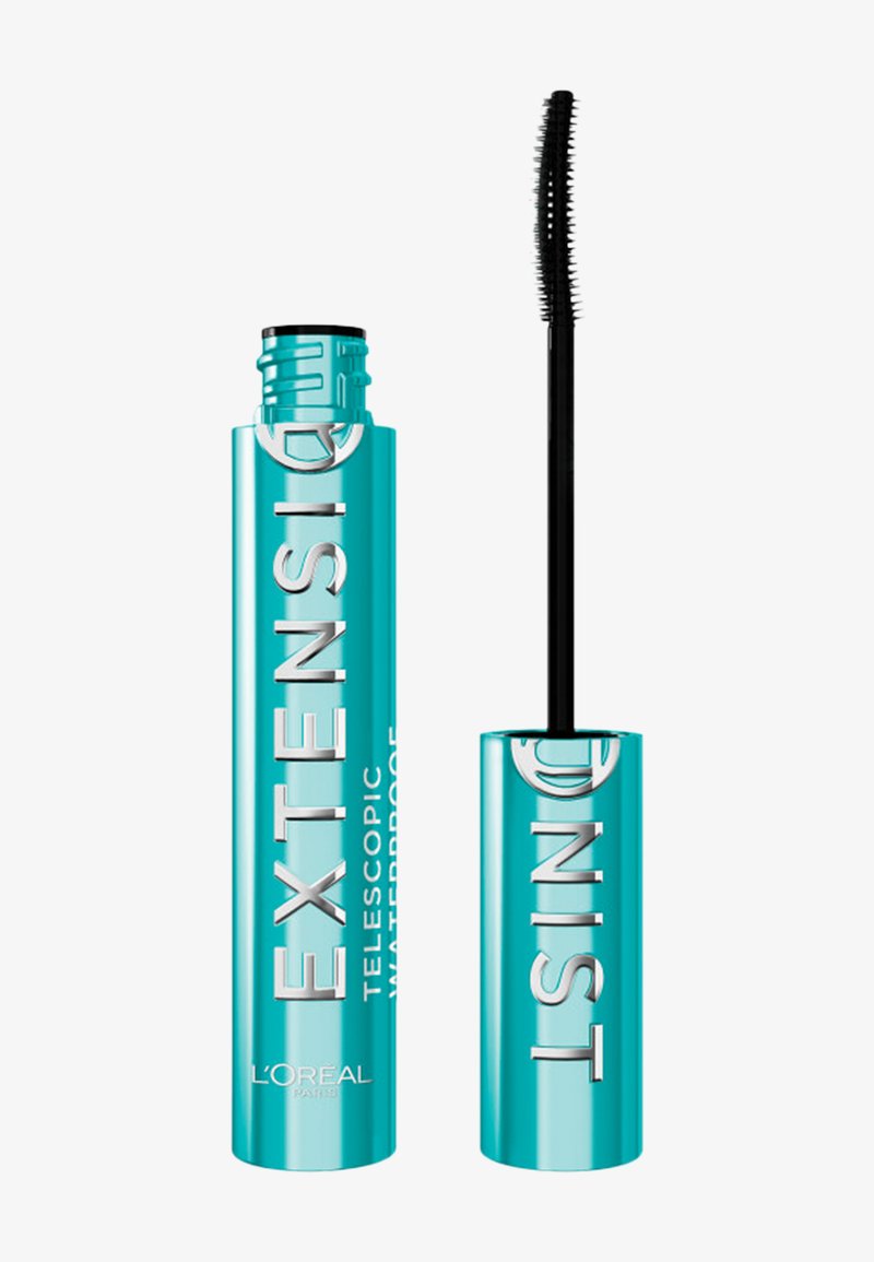 Tube de mascara waterproof télescopique turquoise L'Oréal Extensic avec une brosse applicatrice noire incurvée à côté.