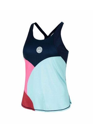 Débardeur sportif sans manches avec des blocs de couleurs bleu marine, bleu clair, rose et rouge, et un petit logo circulaire sur la poitrine.