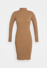 Robe à manches longues côtelée de couleur marron chaud avec une silhouette ajustée et un col montant. Présente un ourlet mi-long et une texture lisse.