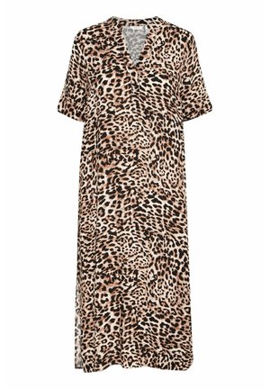Leopard-print midi dress in lightweight fabric, featuring a V-neck, short sleeves, and side slits for ease of movement.