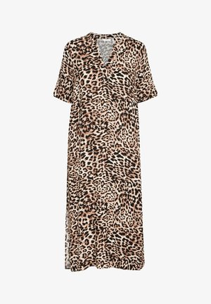 Haljina midi uzorka leoparda od lagane tkanine, s V-izrezom, kratkim rukavima i bočnim prorezima za veću slobodu kretanja.