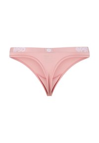 Ανοιχτό ροζ thong χαμηλής μέσης με φαρδύ ελαστικό παντελόνι που έχει λευκά λογότυπα PSD σε λευκό φόντο.