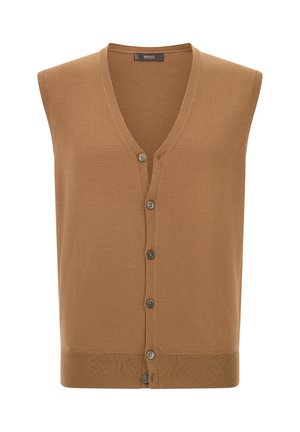 Hellbrauner ärmelloser Strickpullover mit V-Ausschnitt, ausgestattet mit sechs grauen Knöpfen vorne und einem gerippten Saum am Boden.