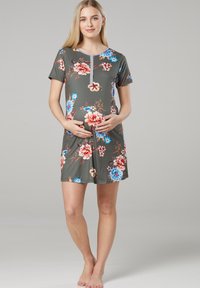 Maternity nightdress in olive green with floral pattern, short sleeves, a round neckline, and a button placket at the front.