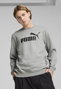 Giovane uomo che indossa una felpa grigia Puma con logo nero, mani nelle tasche, che guarda leggermente avanti con espressione neutra su sfondo semplice.