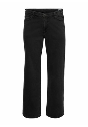 Sorte jeans med lige ben i denim med forreste knap, lynlås, bæltestropper og fem-lomme design på hvid baggrund.