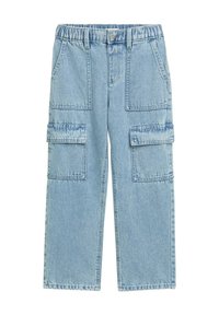 Heledad sinine denim cargo püksid, millel on elastne vöökoht, kaks küljetaskut ja kaks suurt cargo taskut reitel. Kahekordne õmblusdetail.