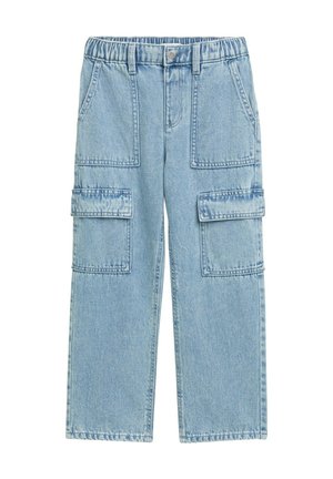 Pantaloni cargo in denim blu chiaro con vita elastica, due tasche laterali e due ampie tasche cargo sulle cosce. Dettagli di cucitura doppia.