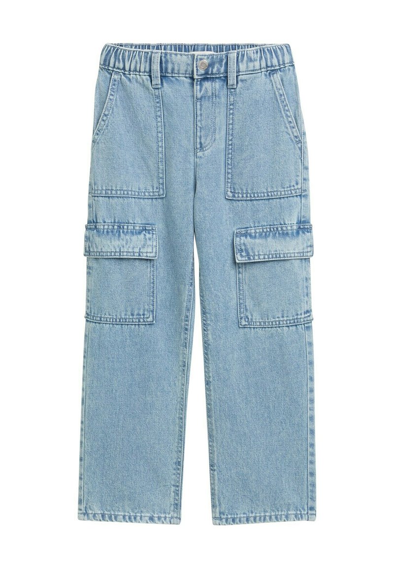 Heledad sinine denim cargo püksid, millel on elastne vöökoht, kaks küljetaskut ja kaks suurt cargo taskut reitel. Kahekordne õmblusdetail.
